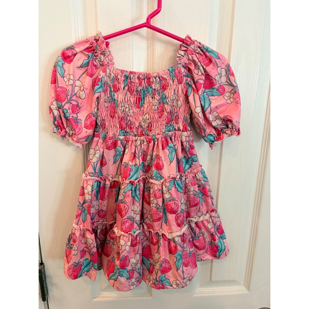 Posh Peanut Dress Pink Strawberry Floral Smocked Tiered Puff Sleeve 2T Summer